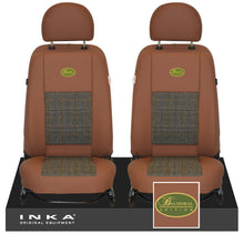 Load image into Gallery viewer, Land Rover Defender L316 INKA Tan Leatherette & Harris Tweed Front Pair Tailored Seat Covers MY07-16 With Embroidery