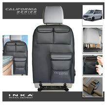 Load image into Gallery viewer, VW California T6.1,T6,T5 Inka Kitchen Seatstor Seat Storage Pockets Organsier Tidy Black Leatherette With bespoke " California Series" embroidery in 7 colours to match your vehicle colour palette.