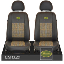 Load image into Gallery viewer, Land Rover Defender L316 INKA Front Pair Tailored Leatherette Seat Covers Ebony Black & Harris Tweed MY07-16 With Embroidery