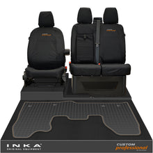 Load image into Gallery viewer, Ford Transit Custom INKA Front 1+2 Tailored Waterproof Seat Covers & Tailored Rubber Mat Black MY-12-23 (Choice of 7 Colours) - Custom Professional Embroidery