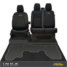 Load image into Gallery viewer, Ford Transit Custom INKA Front 1+2 Tailored Waterproof Seat Covers & Tailored Rubber Mat Black MY-12-23 (Choice of 7 Colours) - Custom Sport Embroidery
