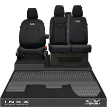Load image into Gallery viewer, Ford Transit MK8/MK9 INKA Front 1+2 Tailored Waterproof Seat Covers & Tailored Rubber Mat Black MY-2014 Onwards (Choice of 7 Colours) - CV Sport Embroidery