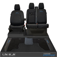 Load image into Gallery viewer, Ford Transit Custom MK1 Front 1+2 Tailored Waterproof Seat Covers & Tailored Leatherette Floor Mat Black MY-12-23 (Choice of 7 Colours)- Custom Professional Embroidery