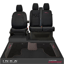 Load image into Gallery viewer, Ford Transit Custom MK1 Front 1+2 Tailored Waterproof Seat Covers & Tailored Leatherette Floor Mat Black MY-12-23 (Choice of 7 Colours)- Custom Professional Embroidery