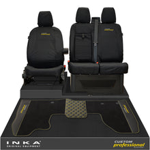 Load image into Gallery viewer, Ford Transit Custom MK1 Front 1+2 Tailored Waterproof Seat Covers & Tailored Leatherette Floor Mat Black MY-12-23 (Choice of 7 Colours)- Custom Professional Embroidery