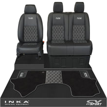 Load image into Gallery viewer, Mercedes Benz Sprinter Front 1+2 Bentley Leatherette Tailored Seat Covers & Matching Tailored Floor Mat Black MY-2018> (7 Colours) - CV Sport Embroidery