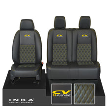 Load image into Gallery viewer, Mercedes Benz Sprinter INKA Front Set Tailored Leatherette Seat Covers Black Bentley Diamond Quilt (7 Colours) with embroidery MY18 to Present Fits All Derivatives - CV Racing Embroidery