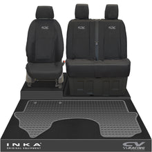 Load image into Gallery viewer, New Mercedes Benz Sprinter INKA Front 1+2 Tailored Waterproof Seat Covers & Tailored Rubber Mat Black MY18 To Present - CV Racing Embroidery