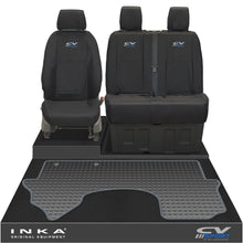 Load image into Gallery viewer, New Mercedes Benz Sprinter INKA Front 1+2 Tailored Waterproof Seat Covers & Tailored Rubber Mat Black MY18 To Present - CV Sport Embroidery