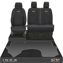 Load image into Gallery viewer, New Mercedes Benz Sprinter INKA Front 1+2 Tailored Waterproof Seat Covers & Tailored Rubber Mat Black MY18 To Present - CV Sport Embroidery