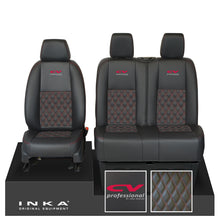 Load image into Gallery viewer, Mercedes Benz Sprinter INKA Front Set Tailored Leatherette Seat Covers Black Bentley Diamond Quilt (7 Colours) with embroidery MY18 to Present Fits All Derivatives - CV Professional Embroidery
