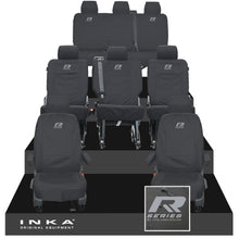 Load image into Gallery viewer, VW Transporter Shuttle T6.1, T6 8 Seater Tailored Waterproof Seat Covers Black MY 15-23 - R-Series Embroidery