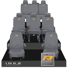 Load image into Gallery viewer, VW Transporter Shuttle T6.1, T6 8 Seater Tailored Waterproof Seat Covers Grey MY 15-23 - R-Series Embroidery