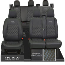 Load image into Gallery viewer, Ford Transit Custom Sport Embroidery INKA Front 1+2 & Rear Triple Tailored Leatherette Bentley Diamond Quilt Seat Covers Black MY12-23
