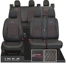 Load image into Gallery viewer, Ford Transit Custom Sport Embroidery INKA Front 1+2 & Rear Triple Tailored Leatherette Bentley Diamond Quilt Seat Covers Black MY12-23