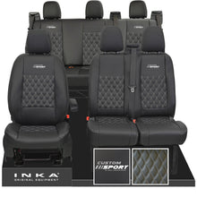 Load image into Gallery viewer, Ford Transit Custom Sport Embroidery INKA Front 1+2 & Rear Triple Tailored Leatherette Bentley Diamond Quilt Seat Covers Black MY12-23