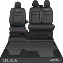 Load image into Gallery viewer, All New Ford Transit Custom Front 1+2 Bentley Diamond Quilt Leatherette Tailored Seat Covers & Tailored Rubber Mat Black MY-2024 (Choice of 7 Colours) - Custom Sport Embroidery