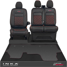Load image into Gallery viewer, All New Ford Transit Custom Front 1+2 Bentley Diamond Quilt Leatherette Tailored Seat Covers & Tailored Rubber Mat Black MY-2024 (Choice of 7 Colours) - Custom Sport Embroidery