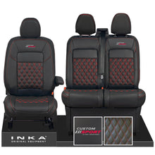 Load image into Gallery viewer, All New Ford Transit Custom Front 1+2 INKA Bentley Leatherette Tailored Seat Covers Black MY-2024 Custom Sport Embroidery