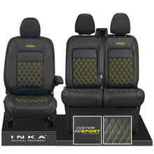 Load image into Gallery viewer, All New Ford Transit Custom Front 1+2 INKA Bentley Leatherette Tailored Seat Covers Black MY-2024 Custom Sport Embroidery