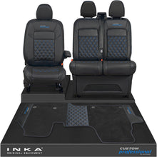 Load image into Gallery viewer, All New Ford Transit Custom Front 1+2 Bentley Leatherette Tailored Seat Covers & Matching Tailored Floor Mat Black MY-2024> (7 Colours) - Custom Professional Embroidery