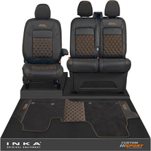 Load image into Gallery viewer, All New Ford Transit Custom Front 1+2 Bentley Leatherette Tailored Seat Covers & Matching Tailored Floor Mat Black MY-2024> (7 Colours) - Custom Sport Embroidery