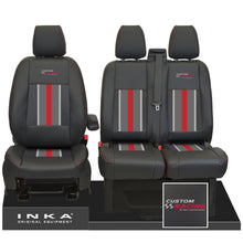 Load image into Gallery viewer, Ford Transit Custom Front 1+2 INKA Icon Striped Leatherette Tailored Seat Covers Black MY-12-23 Custom Racing Embroidery