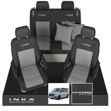 Load image into Gallery viewer, VW California T6.1, T6, T5.1, T5 Ocean, Coast, Beach, SE, Surf INKA Tailored Front & Rear Seat Covers Set Second Skin Black With Grey Vision centres With Embroidery MY14 Onwards