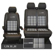 Load image into Gallery viewer, New VW Transporter T6.1, T6, T5.1 Front 1+2 Sport-Series INKA Leatherette Tartan Tailored Seat Covers Black Fits Panel Van & Kombi