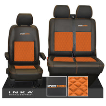 Load image into Gallery viewer, VW Transporter T6.1, T6, T5.1 Sport-Series Front 1+2 INKA Bentley Leatherette Suedetara Tailored Seat Covers Black Fits Panel Van & Kombi