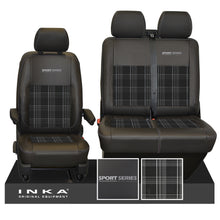 Load image into Gallery viewer, New VW Transporter T6.1, T6, T5.1 Front 1+2 Sport-Series INKA Leatherette Tartan Tailored Seat Covers Black Fits Panel Van & Kombi