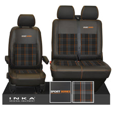 Load image into Gallery viewer, New VW Transporter T6.1, T6, T5.1 Front 1+2 Sport-Series INKA Leatherette Tartan Tailored Seat Covers Black Fits Panel Van & Kombi