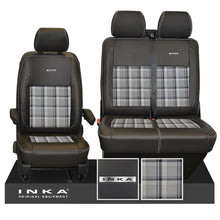 Load image into Gallery viewer, New VW Transporter T6.1, T6, T5.1 Front 1+2 INKA Steel Badge Leatherette Tartan Tailored Seat Covers Black Fits Panel Van & Kombi