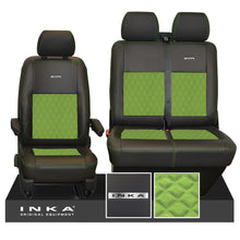 Load image into Gallery viewer, VW Transporter T6.1, T6, T5.1 Front 1+2 INKA Steel Badge Leatherette Suedetara Tailored Seat Covers Black Fits Panel Van & Kombi
