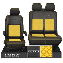 Load image into Gallery viewer, VW Transporter T6.1, T6, T5.1 Front 1+2 INKA Steel Badge Leatherette Suedetara Tailored Seat Covers Black Fits Panel Van & Kombi