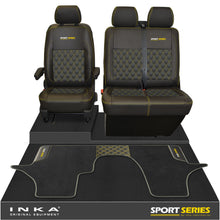 Load image into Gallery viewer, New VW Transporter T6.1, T6, T5.1 Front 1+2 Bentley Diamond Quilt Tailored Leatherette Seat Covers & Matching Tailored Floor Mat Black