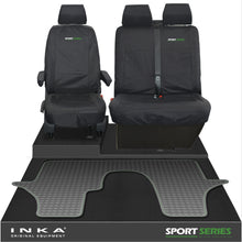 Load image into Gallery viewer, VW Transporter T6.1,T6,T5.1 INKA Front 1+2 Tailored Waterproof Seat Covers & Tailored Rubber Floor Mat Black - Sport-Series Embroidery
