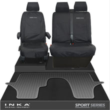 Load image into Gallery viewer, VW Transporter T6.1,T6,T5.1 INKA Front 1+2 Tailored Waterproof Seat Covers & Tailored Rubber Floor Mat Black - Sport-Series Embroidery