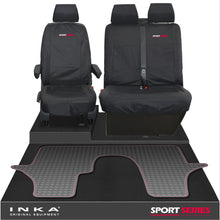 Load image into Gallery viewer, VW Transporter T6.1,T6,T5.1 INKA Front 1+2 Tailored Waterproof Seat Covers & Tailored Rubber Floor Mat Black - Sport-Series Embroidery