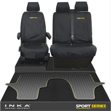 Load image into Gallery viewer, VW Transporter T6.1,T6,T5.1 INKA Front 1+2 Tailored Waterproof Seat Covers & Tailored Rubber Floor Mat Black - Sport-Series Embroidery