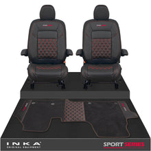 Load image into Gallery viewer, New VW Transporter T7 Panel Van INKA Front Bentley Leatherette Tailored Seat Covers & Matching Tailored Floor Mat Black MY25 Onwards - Sport-Series Embroidery