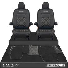 Load image into Gallery viewer, New VW Transporter T7 Panel Van INKA Front Bentley Leatherette Tailored Seat Covers & Matching Tailored Floor Mat Black MY25 Onwards - Sport-Series Embroidery