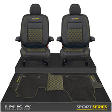 Load image into Gallery viewer, New VW Transporter T7 Panel Van INKA Front Bentley Leatherette Tailored Seat Covers & Matching Tailored Floor Mat Black MY25 Onwards - Sport-Series Embroidery
