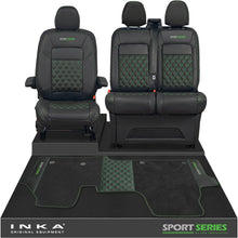 Load image into Gallery viewer, New VW Transporter T7 Panel Van INKA Front Bentley Leatherette Tailored Seat Covers & Matching Tailored Floor Mat Black MY25 Onwards - Sport-Series Embroidery