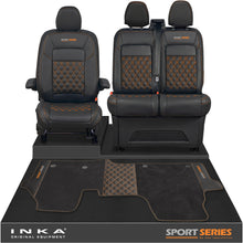 Load image into Gallery viewer, New VW Transporter T7 Panel Van INKA Front Bentley Leatherette Tailored Seat Covers & Matching Tailored Floor Mat Black MY25 Onwards - Sport-Series Embroidery