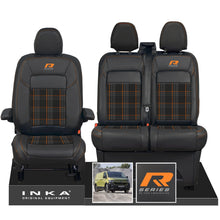 Load image into Gallery viewer, New VW Transporter T7 Panel Van INKA Front Leatherette Tartan Tailored Seat Cover Set Black MY25 Onwards - R-Series Embroidery