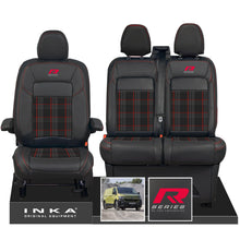 Load image into Gallery viewer, New VW Transporter T7 Panel Van INKA Front Leatherette Tartan Tailored Seat Cover Set Black MY25 Onwards - R-Series Embroidery