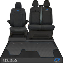 Load image into Gallery viewer, New VW Transporter T7 Panel Van INKA Front Set Tailored Waterproof Seat Covers & Tailored Rubber Mat Black MY25 Onwards - R-Series Embroidery