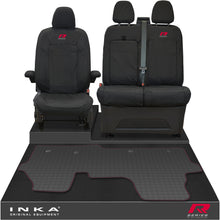 Load image into Gallery viewer, New VW Transporter T7 Panel Van INKA Front Set Tailored Waterproof Seat Covers & Tailored Rubber Mat Black MY25 Onwards - R-Series Embroidery