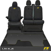 Load image into Gallery viewer, New VW Transporter T7 Panel Van INKA Front Set Tailored Waterproof Seat Covers & Tailored Rubber Mat Black MY25 Onwards - R-Series Embroidery